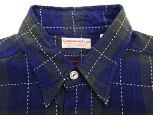 Sugar Cane Indigo Plaid Shirt Men's Japanese Style Sashiko Long Sleeve Button Up Work Shirt Fiction Romance SC29397