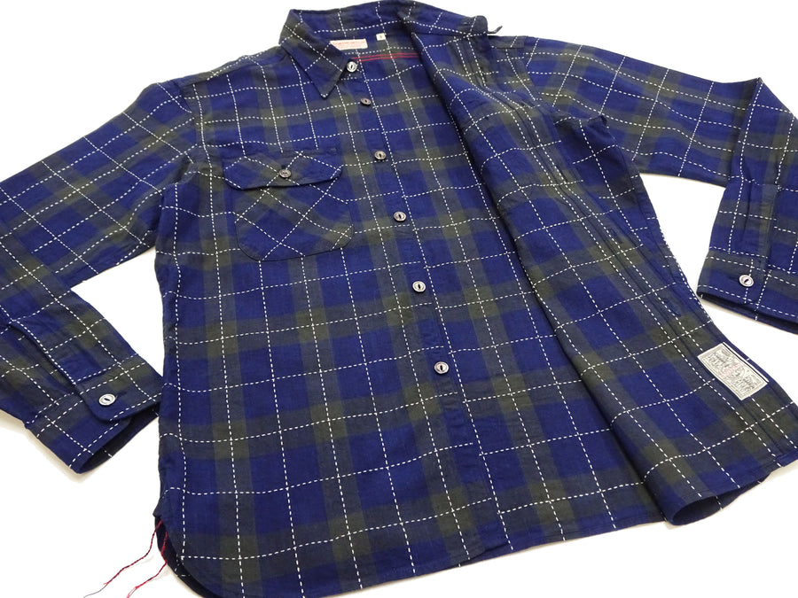 Sugar Cane Indigo Plaid Shirt Men's Japanese Style Sashiko Long Sleeve Button Up Work Shirt Fiction Romance SC29397