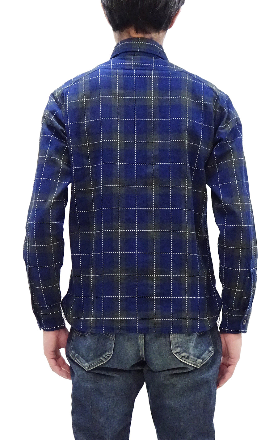 Sugar Cane Indigo Plaid Shirt Men's Japanese Style Sashiko Long Sleeve Button Up Work Shirt Fiction Romance SC29397