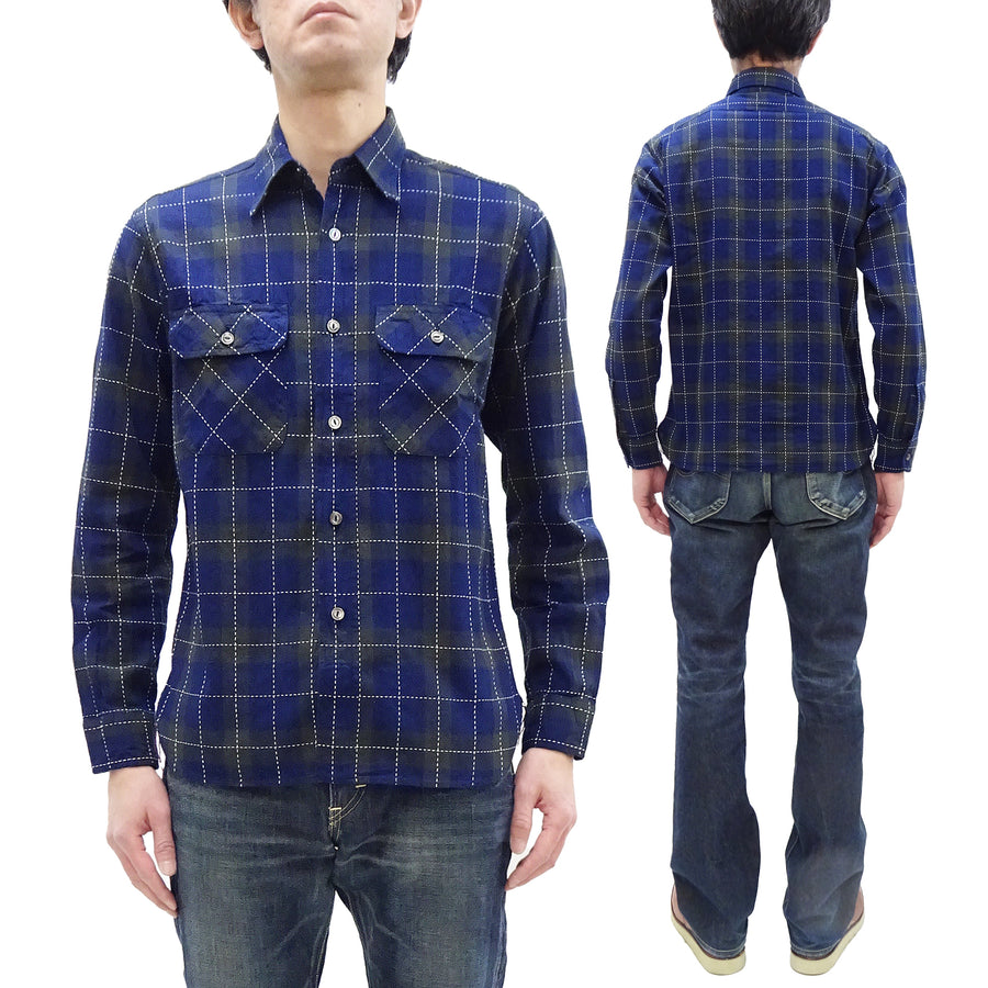 Sugar Cane Indigo Plaid Shirt Men's Japanese Style Sashiko Long Sleeve Button Up Work Shirt Fiction Romance SC29397