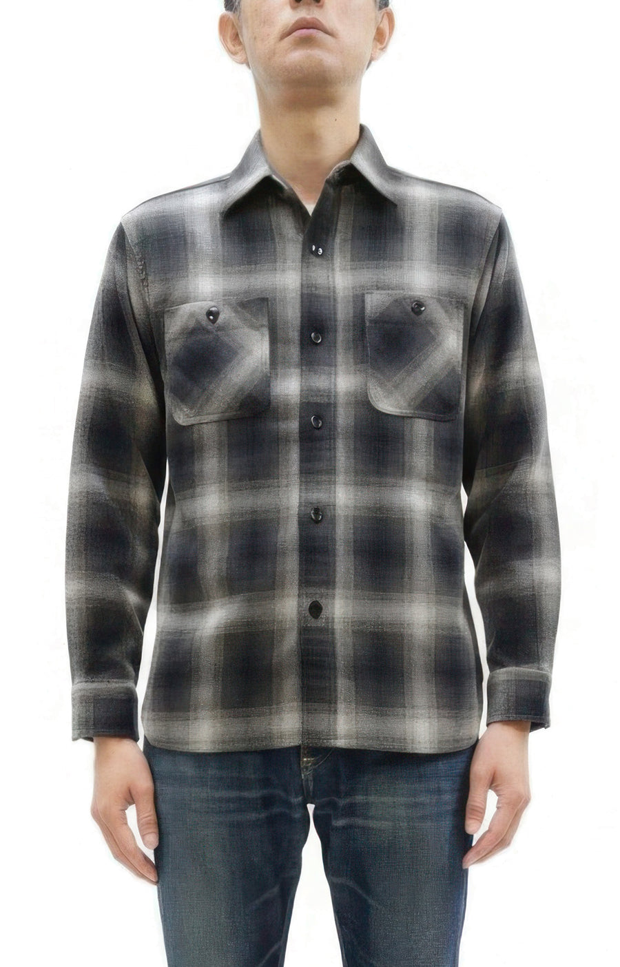Sugar Cane Men's Long Sleeve Ombre Plaid Work Shirt - 100% Cotton Twill, One-Wash, Made in Japan (SC29561 119 Black)