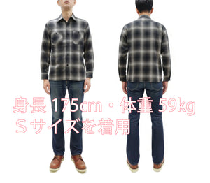 Sugar Cane Men's Long Sleeve Ombre Plaid Work Shirt - 100% Cotton Twill, One-Wash, Made in Japan (SC29561 119 Black)
