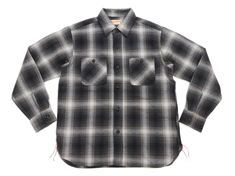 Sugar Cane Men's Long Sleeve Ombre Plaid Work Shirt - 100% Cotton Twill, One-Wash, Made in Japan (SC29561 119 Black)