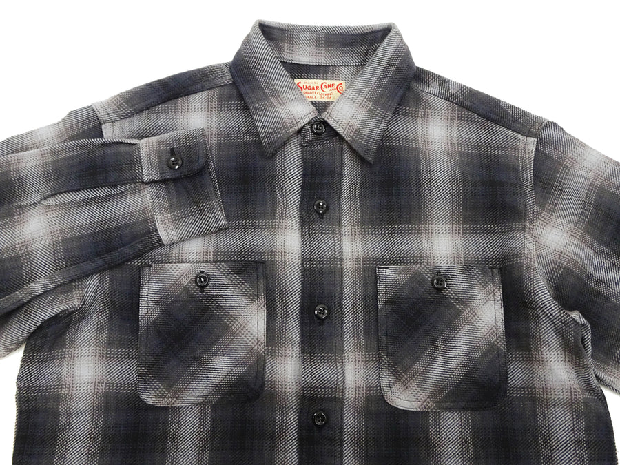 Sugar Cane Men's Long Sleeve Ombre Plaid Work Shirt - 100% Cotton Twill, One-Wash, Made in Japan (SC29561 119 Black)