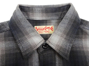 Sugar Cane Men's Long Sleeve Ombre Plaid Work Shirt - 100% Cotton Twill, One-Wash, Made in Japan (SC29561 119 Black)