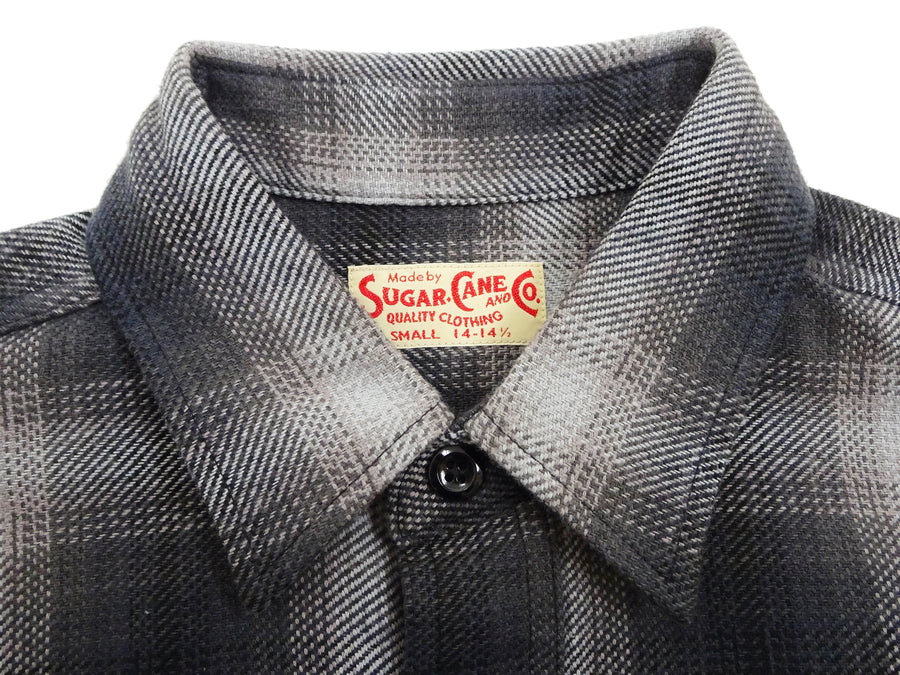 Sugar Cane Men's Long Sleeve Ombre Plaid Work Shirt - 100% Cotton Twill, One-Wash, Made in Japan (SC29561 119 Black)
