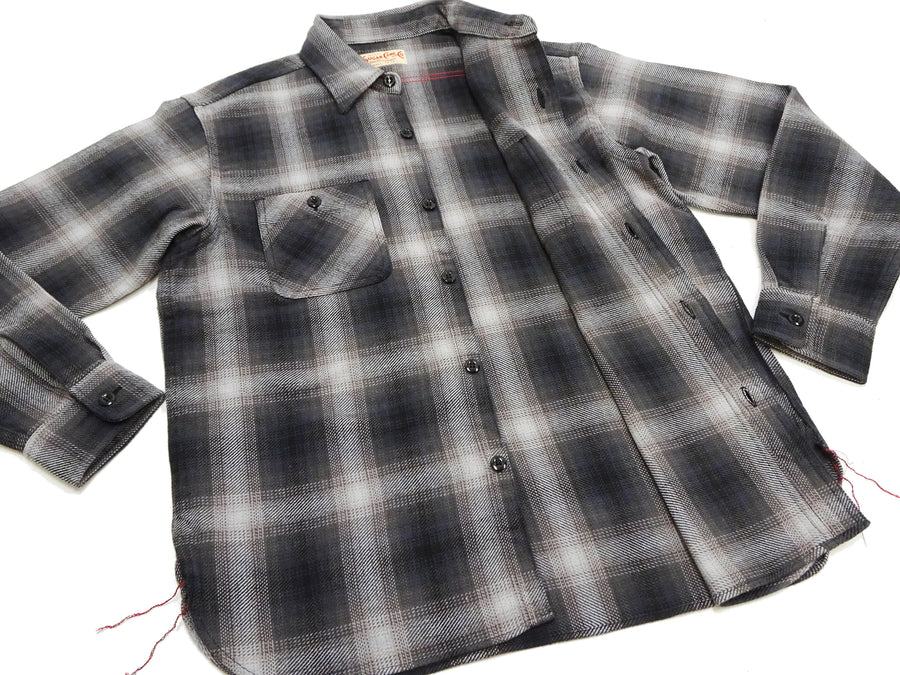 Sugar Cane Men's Long Sleeve Ombre Plaid Work Shirt - 100% Cotton Twill, One-Wash, Made in Japan (SC29561 119 Black)