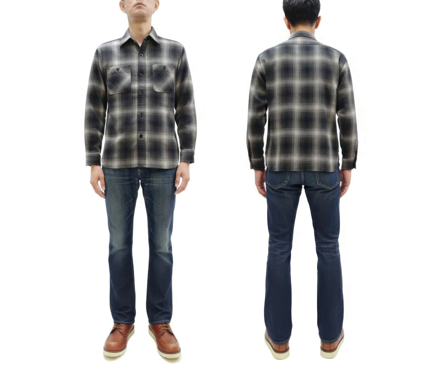 Sugar Cane Men's Long Sleeve Ombre Plaid Work Shirt - 100% Cotton Twill, One-Wash, Made in Japan (SC29561 119 Black)