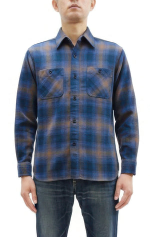Sugar Cane Men's Long Sleeve Ombre Plaid Work Shirt - 100% Cotton Twill, One-Wash, Made in Japan (SC29561 125 Blue)