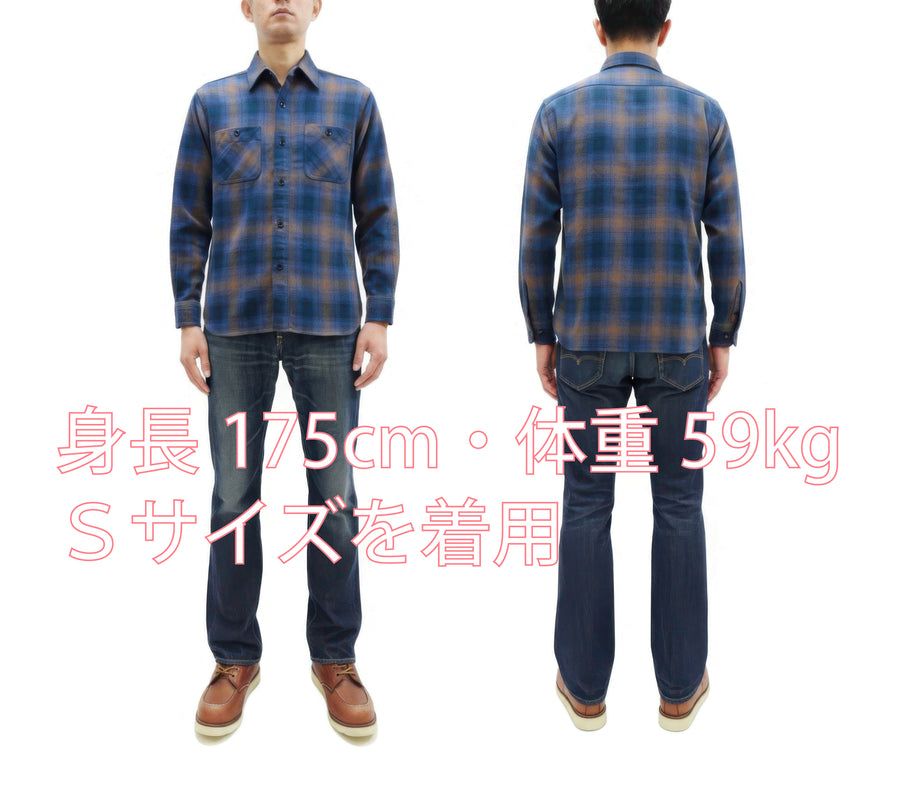 Sugar Cane Men's Long Sleeve Ombre Plaid Work Shirt - 100% Cotton Twill, One-Wash, Made in Japan (SC29561 125 Blue)