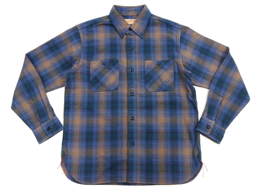 Sugar Cane Men's Long Sleeve Ombre Plaid Work Shirt - 100% Cotton Twill, One-Wash, Made in Japan (SC29561 125 Blue)