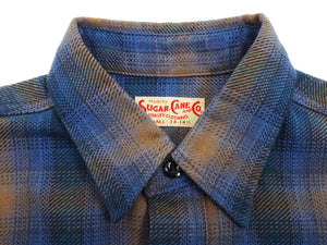 Sugar Cane Men's Long Sleeve Ombre Plaid Work Shirt - 100% Cotton Twill, One-Wash, Made in Japan (SC29561 125 Blue)