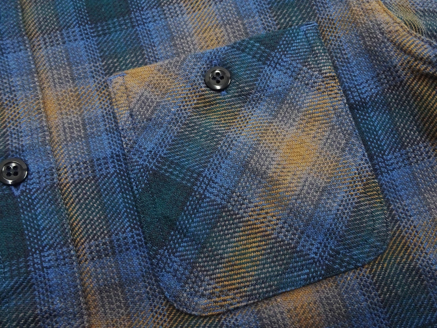 Sugar Cane Men's Long Sleeve Ombre Plaid Work Shirt - 100% Cotton Twill, One-Wash, Made in Japan (SC29561 125 Blue)