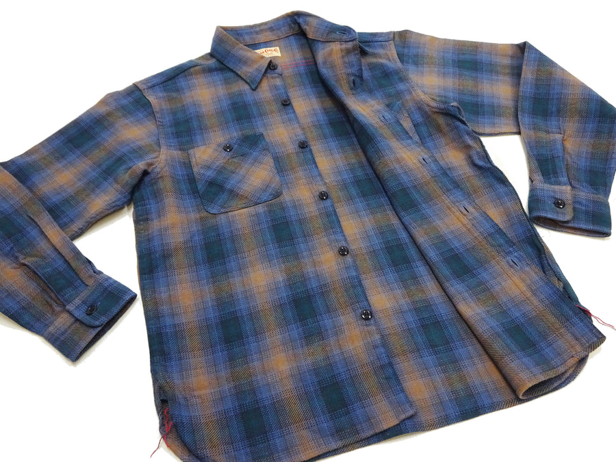 Sugar Cane Men's Long Sleeve Ombre Plaid Work Shirt - 100% Cotton Twill, One-Wash, Made in Japan (SC29561 125 Blue)