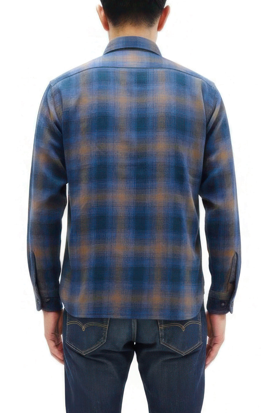 Sugar Cane Men's Long Sleeve Ombre Plaid Work Shirt - 100% Cotton Twill, One-Wash, Made in Japan (SC29561 125 Blue)
