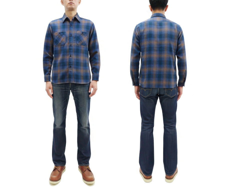 Sugar Cane Men's Long Sleeve Ombre Plaid Work Shirt - 100% Cotton Twill, One-Wash, Made in Japan (SC29561 125 Blue)
