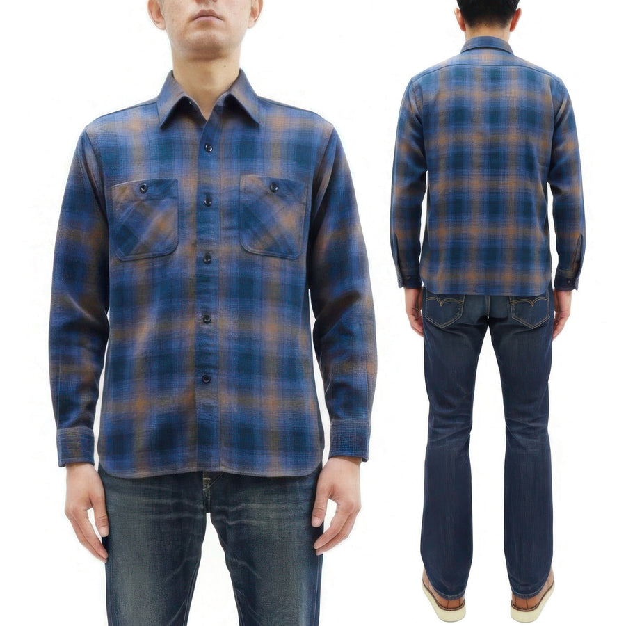 Sugar Cane Men's Long Sleeve Ombre Plaid Work Shirt - 100% Cotton Twill, One-Wash, Made in Japan (SC29561 125 Blue)
