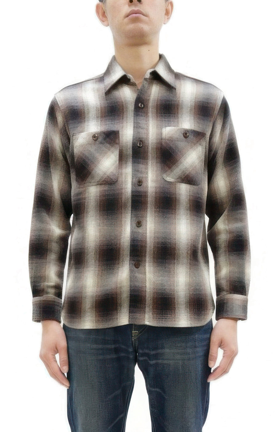Sugar Cane Men's Long Sleeve Ombre Plaid Work Shirt - 100% Cotton Twill, One-Wash, Made in Japan (SC29561 138 Brown)