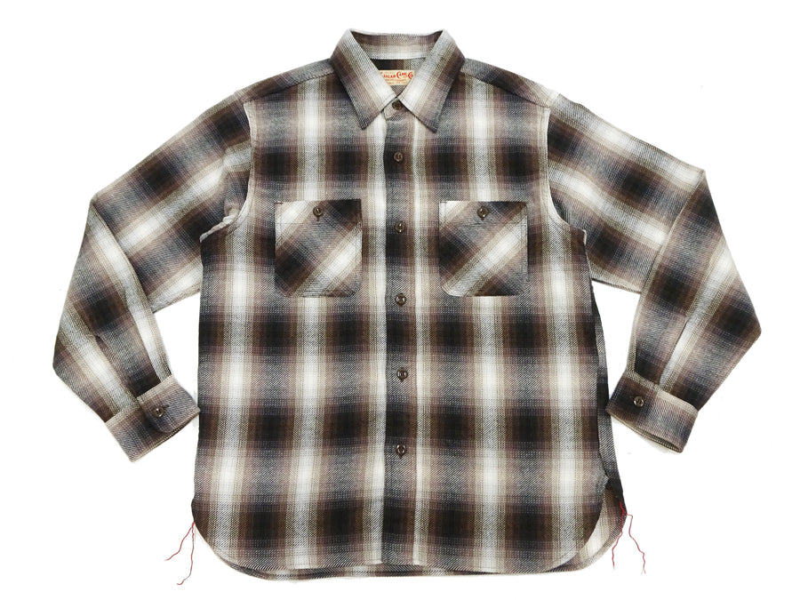 Sugar Cane Men's Long Sleeve Ombre Plaid Work Shirt - 100% Cotton Twill, One-Wash, Made in Japan (SC29561 138 Brown)