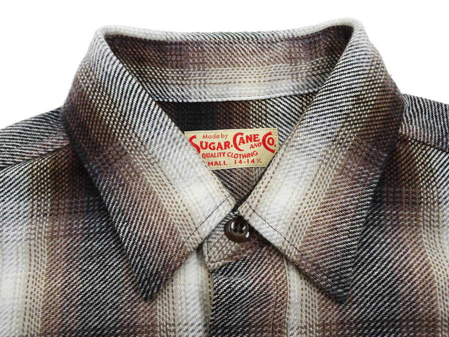 Sugar Cane Men's Long Sleeve Ombre Plaid Work Shirt - 100% Cotton Twill, One-Wash, Made in Japan (SC29561 138 Brown)