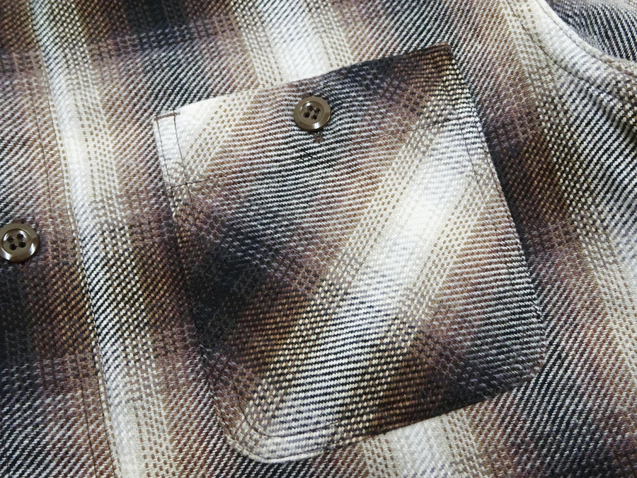 Sugar Cane Men's Long Sleeve Ombre Plaid Work Shirt - 100% Cotton Twill, One-Wash, Made in Japan (SC29561 138 Brown)