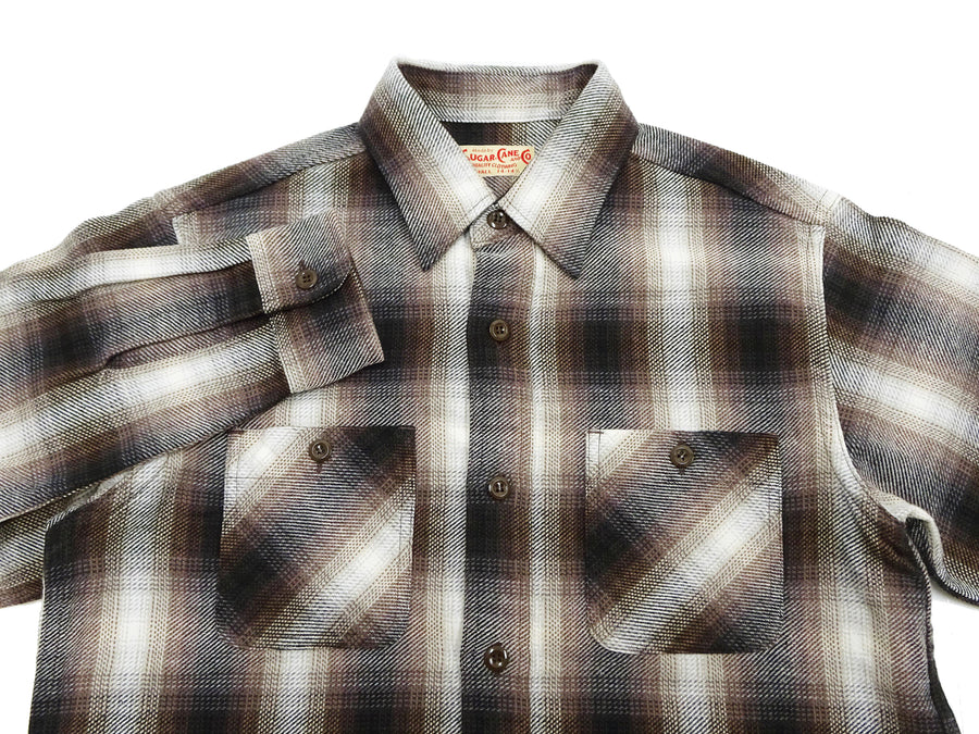 Sugar Cane Men's Long Sleeve Ombre Plaid Work Shirt - 100% Cotton Twill, One-Wash, Made in Japan (SC29561 138 Brown)