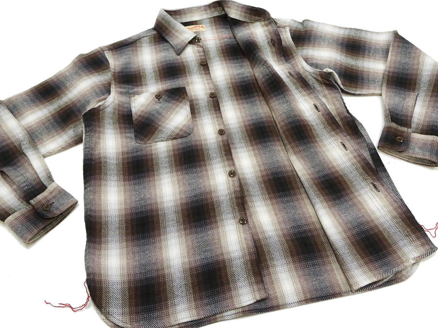 Sugar Cane Men's Long Sleeve Ombre Plaid Work Shirt - 100% Cotton Twill, One-Wash, Made in Japan (SC29561 138 Brown)