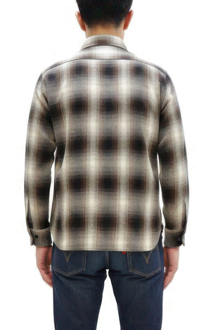 Sugar Cane Men's Long Sleeve Ombre Plaid Work Shirt - 100% Cotton Twill, One-Wash, Made in Japan (SC29561 138 Brown)
