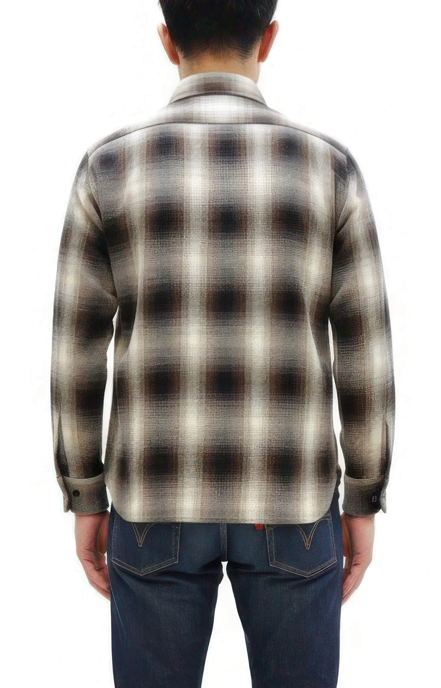 Sugar Cane Men's Long Sleeve Ombre Plaid Work Shirt - 100% Cotton Twill, One-Wash, Made in Japan (SC29561 138 Brown)
