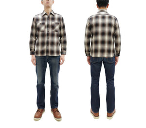 Sugar Cane Men's Long Sleeve Ombre Plaid Work Shirt - 100% Cotton Twill, One-Wash, Made in Japan (SC29561 138 Brown)