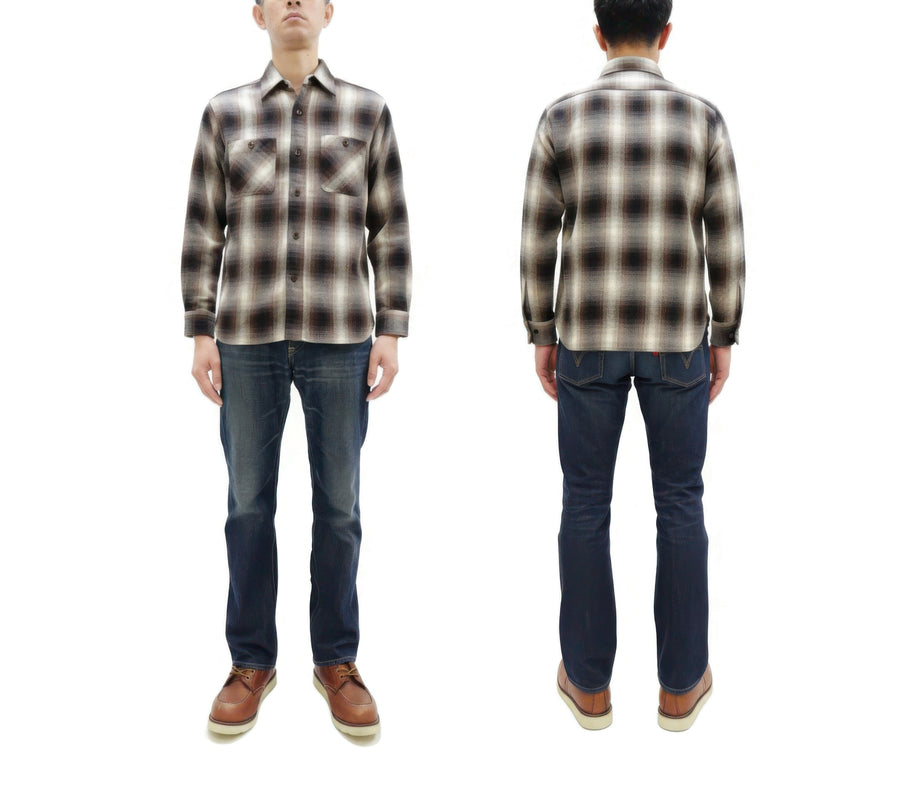 Sugar Cane Men's Long Sleeve Ombre Plaid Work Shirt - 100% Cotton Twill, One-Wash, Made in Japan (SC29561 138 Brown)