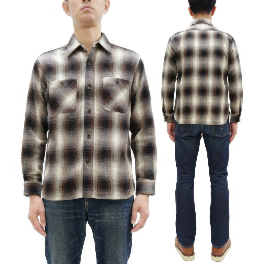 Sugar Cane Men's Long Sleeve Ombre Plaid Work Shirt - 100% Cotton Twill, One-Wash, Made in Japan (SC29561 138 Brown)