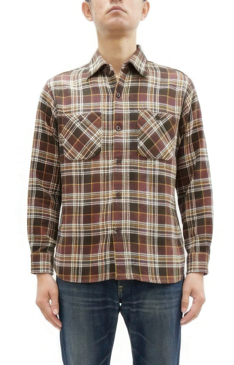Sugar Cane Men's Long Sleeve Plaid Work Shirt - 100% Cotton Twill, One-Wash, Made in Japan (SC29564 138 Brown)