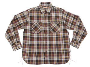 Sugar Cane Men's Long Sleeve Plaid Work Shirt - 100% Cotton Twill, One-Wash, Made in Japan (SC29564 138 Brown)