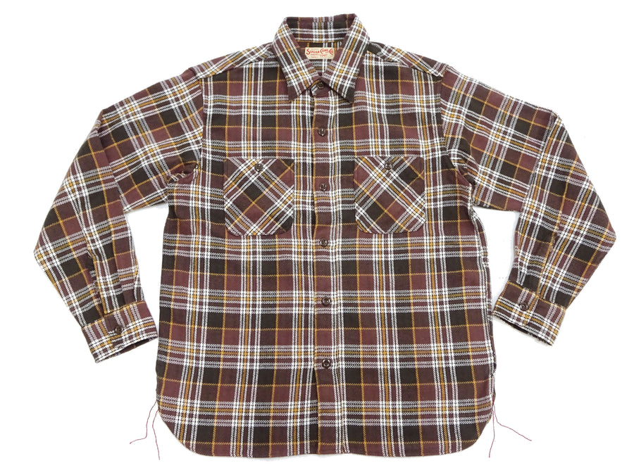 Sugar Cane Men's Long Sleeve Plaid Work Shirt - 100% Cotton Twill, One-Wash, Made in Japan (SC29564 138 Brown)