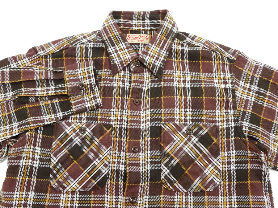 Sugar Cane Men's Long Sleeve Plaid Work Shirt - 100% Cotton Twill, One-Wash, Made in Japan (SC29564 138 Brown)