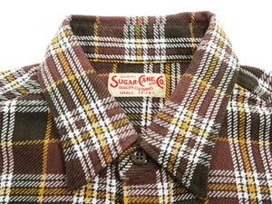 Sugar Cane Men's Long Sleeve Plaid Work Shirt - 100% Cotton Twill, One-Wash, Made in Japan (SC29564 138 Brown)