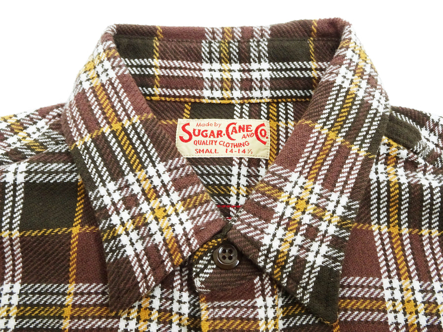 Sugar Cane Men's Long Sleeve Plaid Work Shirt - 100% Cotton Twill, One-Wash, Made in Japan (SC29564 138 Brown)