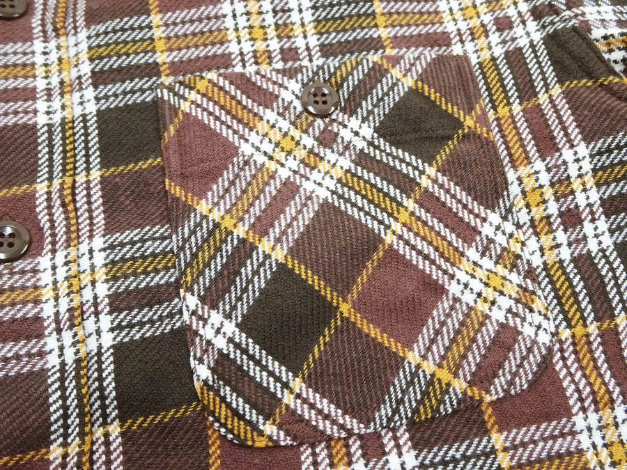 Sugar Cane Men's Long Sleeve Plaid Work Shirt - 100% Cotton Twill, One-Wash, Made in Japan (SC29564 138 Brown)
