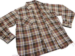 Sugar Cane Men's Long Sleeve Plaid Work Shirt - 100% Cotton Twill, One-Wash, Made in Japan (SC29564 138 Brown)