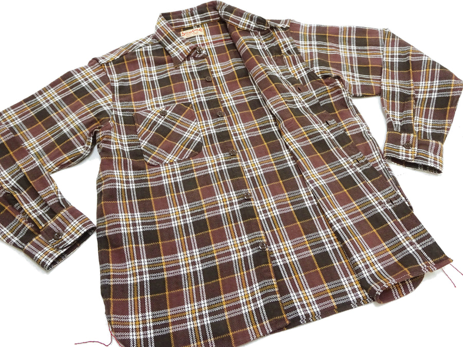 Sugar Cane Men's Long Sleeve Plaid Work Shirt - 100% Cotton Twill, One-Wash, Made in Japan (SC29564 138 Brown)
