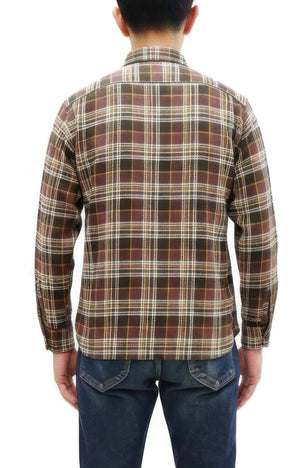 Sugar Cane Men's Long Sleeve Plaid Work Shirt - 100% Cotton Twill, One-Wash, Made in Japan (SC29564 138 Brown)