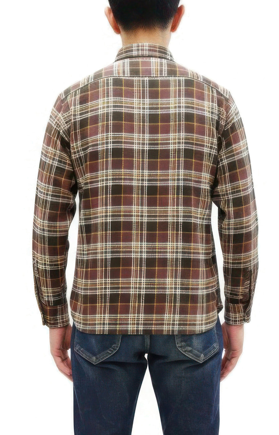 Sugar Cane Men's Long Sleeve Plaid Work Shirt - 100% Cotton Twill, One-Wash, Made in Japan (SC29564 138 Brown)