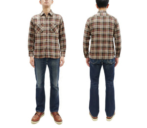 Sugar Cane Men's Long Sleeve Plaid Work Shirt - 100% Cotton Twill, One-Wash, Made in Japan (SC29564 138 Brown)