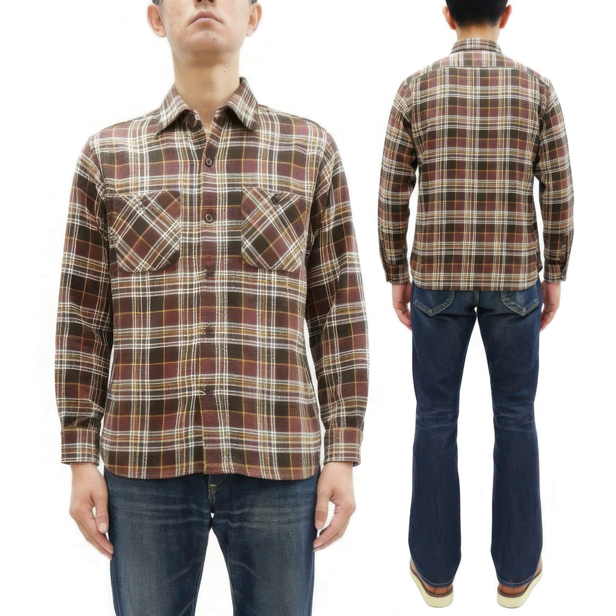 Sugar Cane Men's Long Sleeve Plaid Work Shirt - 100% Cotton Twill, One-Wash, Made in Japan (SC29564 138 Brown)
