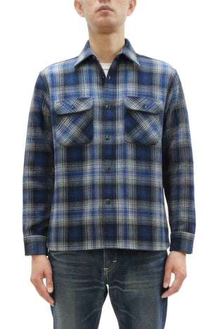 Sugar Cane Men's Vintage-Style Brushed Plaid Flannel Long-Sleeve Work Shirt - Fiction Romance Collection - 100% Cotton Herringbone Twill, Made in Japan (SC29584 128 Navy Blue)