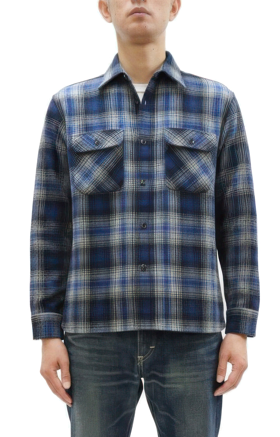 Sugar Cane Men's Vintage-Style Brushed Plaid Flannel Long-Sleeve Work Shirt - Fiction Romance Collection - 100% Cotton Herringbone Twill, Made in Japan (SC29584 128 Navy Blue)