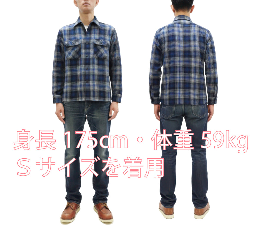 Sugar Cane Men's Vintage-Style Brushed Plaid Flannel Long-Sleeve Work Shirt - Fiction Romance Collection - 100% Cotton Herringbone Twill, Made in Japan (SC29584 128 Navy Blue)