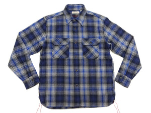 Sugar Cane Men's Vintage-Style Brushed Plaid Flannel Long-Sleeve Work Shirt - Fiction Romance Collection - 100% Cotton Herringbone Twill, Made in Japan (SC29584 128 Navy Blue)