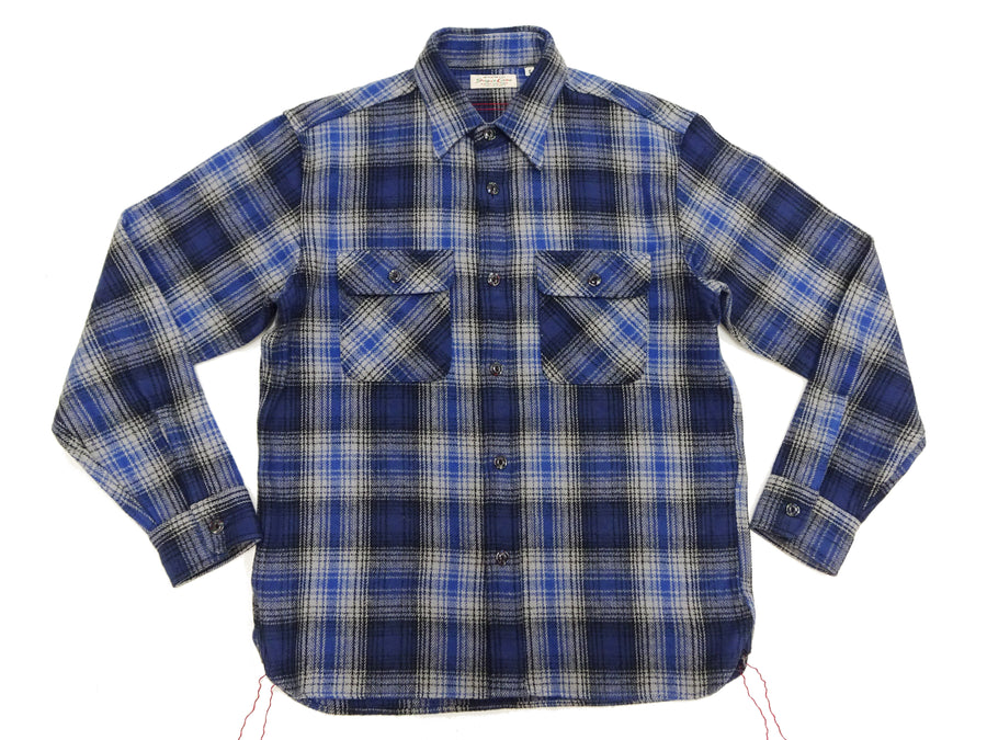 Sugar Cane Men's Vintage-Style Brushed Plaid Flannel Long-Sleeve Work Shirt - Fiction Romance Collection - 100% Cotton Herringbone Twill, Made in Japan (SC29584 128 Navy Blue)